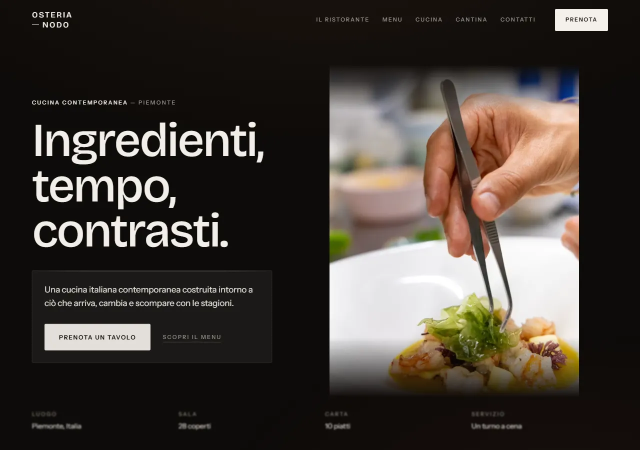 Un sito di ristorante costruito come una pubblicazione editoriale, non come una vetrina — con un filetto tipografico che lega il nome del locale a ogni sezione della pagina.