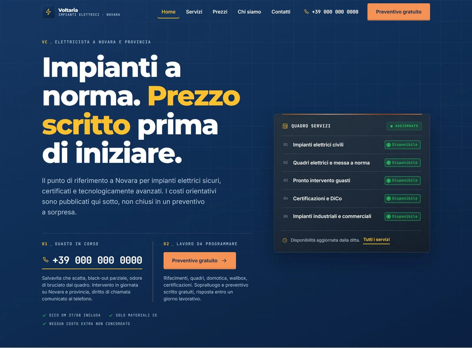 Un sito da elettricista che pubblica il listino invece di nasconderlo, e lascia alla ditta un pannello per accendere e spegnere i servizi da sola.