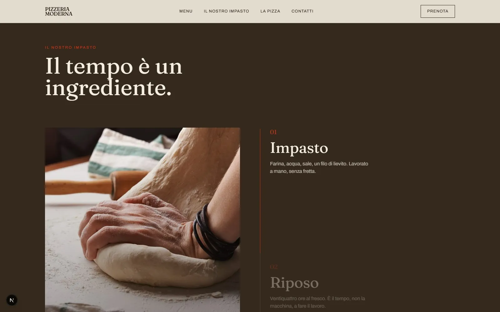 Timeline dell'impasto legata allo scroll, con foto della lavorazione a mano e barra di avanzamento verticale