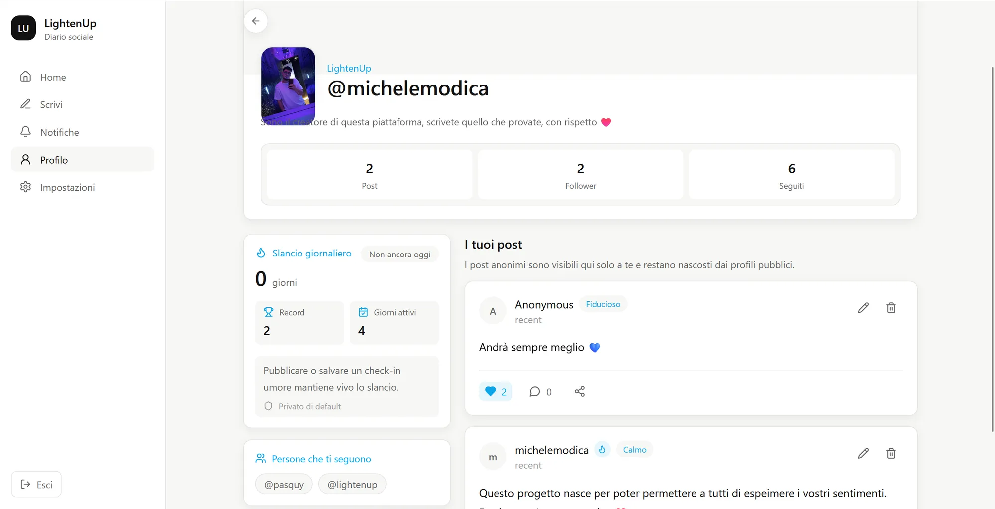 Profilo con contatore dei giorni consecutivi e i propri post, dove quelli anonimi restano visibili solo a chi li ha scritti