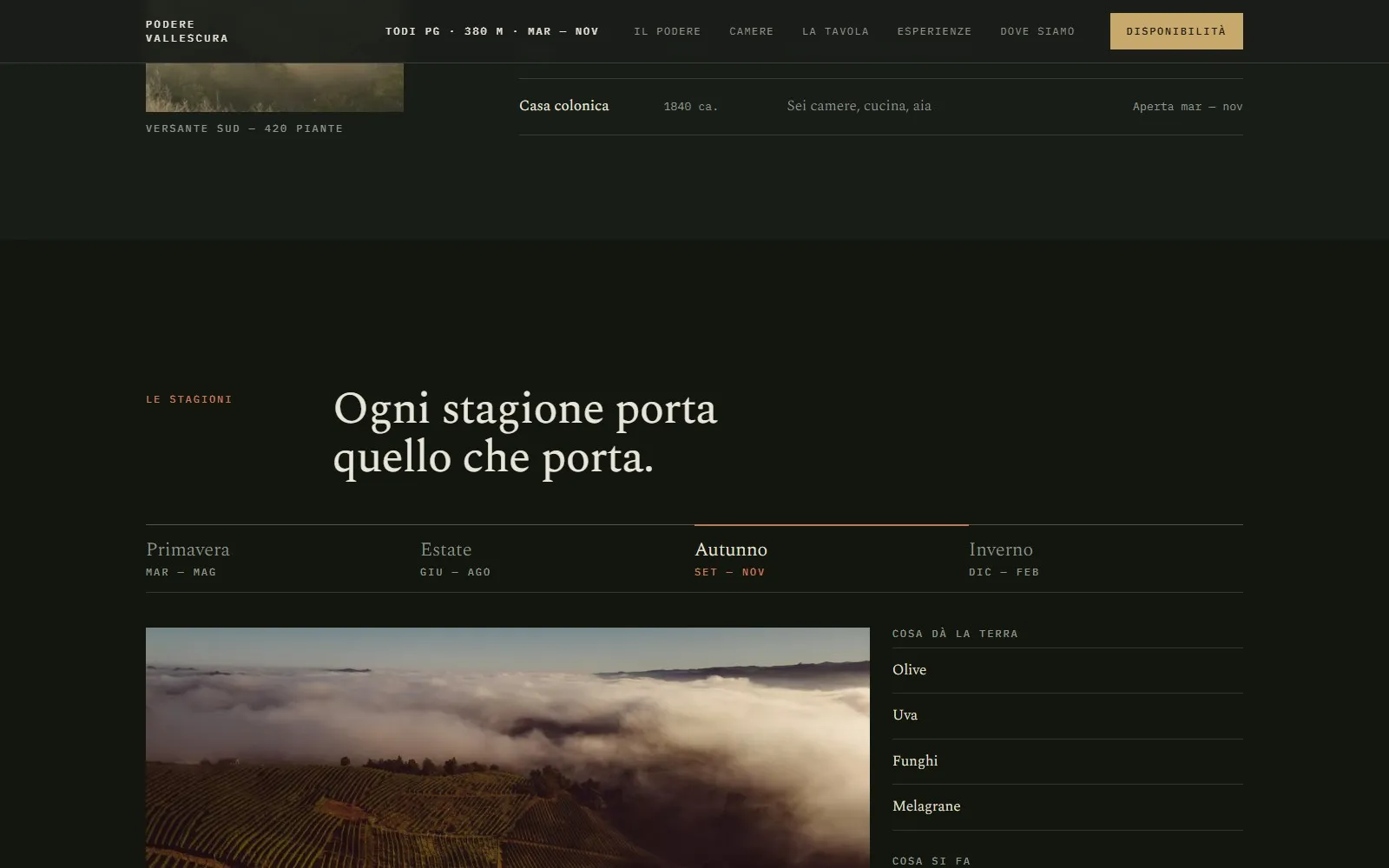 Il selettore delle quattro stagioni, con la fotografia dell'autunno, l'accento cromatico e le liste di raccolto e lavori