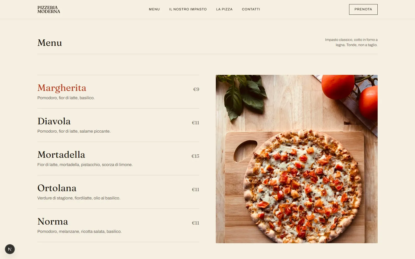 Menu editoriale con l'elenco dei piatti a sinistra e un pannello immagine fisso a destra