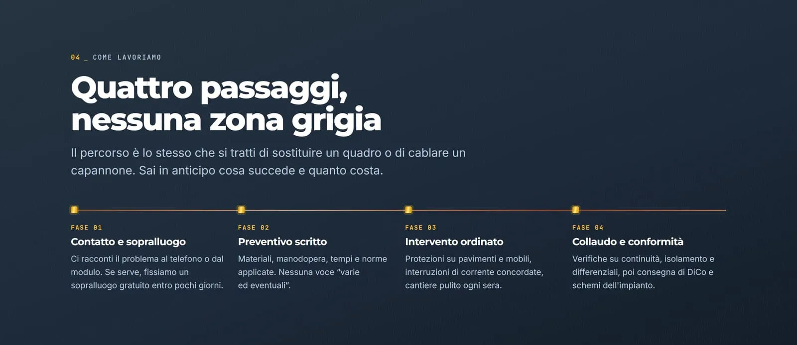 Il percorso di lavoro disegnato come una guida DIN, barra di rame con quattro morsetti in ottone e le quattro fasi sotto