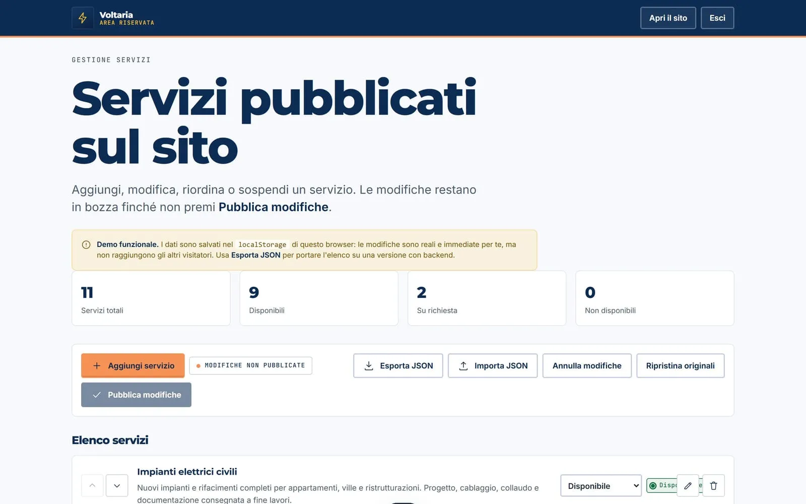 Pannello riservato per la gestione dei servizi, con conteggi, pulsanti di export e import JSON ed elenco riordinabile